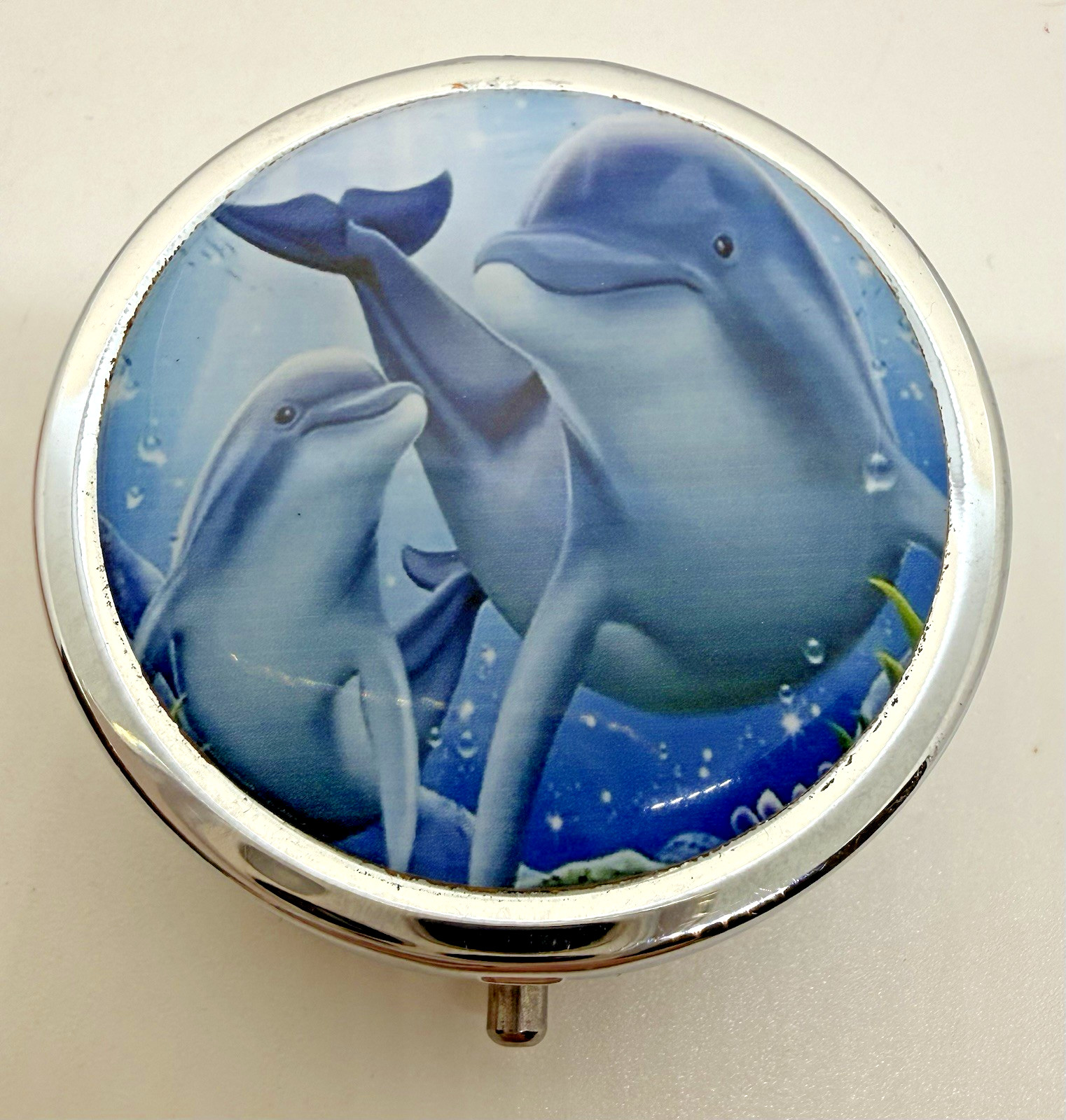 Dolphins Metal Round Pill Box with Three Compartments Portable Travel For Purse