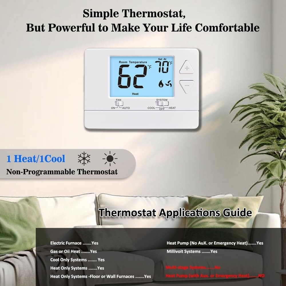 Non-Programmable Digital Thermostat with White Backlight - Energy Efficient