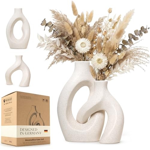 White Ceramic Vase Set of 2, Hollow Oval Flower Vases for Decor, Handmade