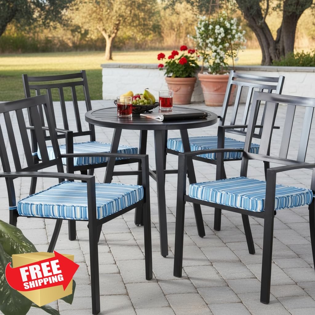 4 Patio Chair Pads: 18" Square, Fiber-Filled Seat Cushions, Sapphire Stripe