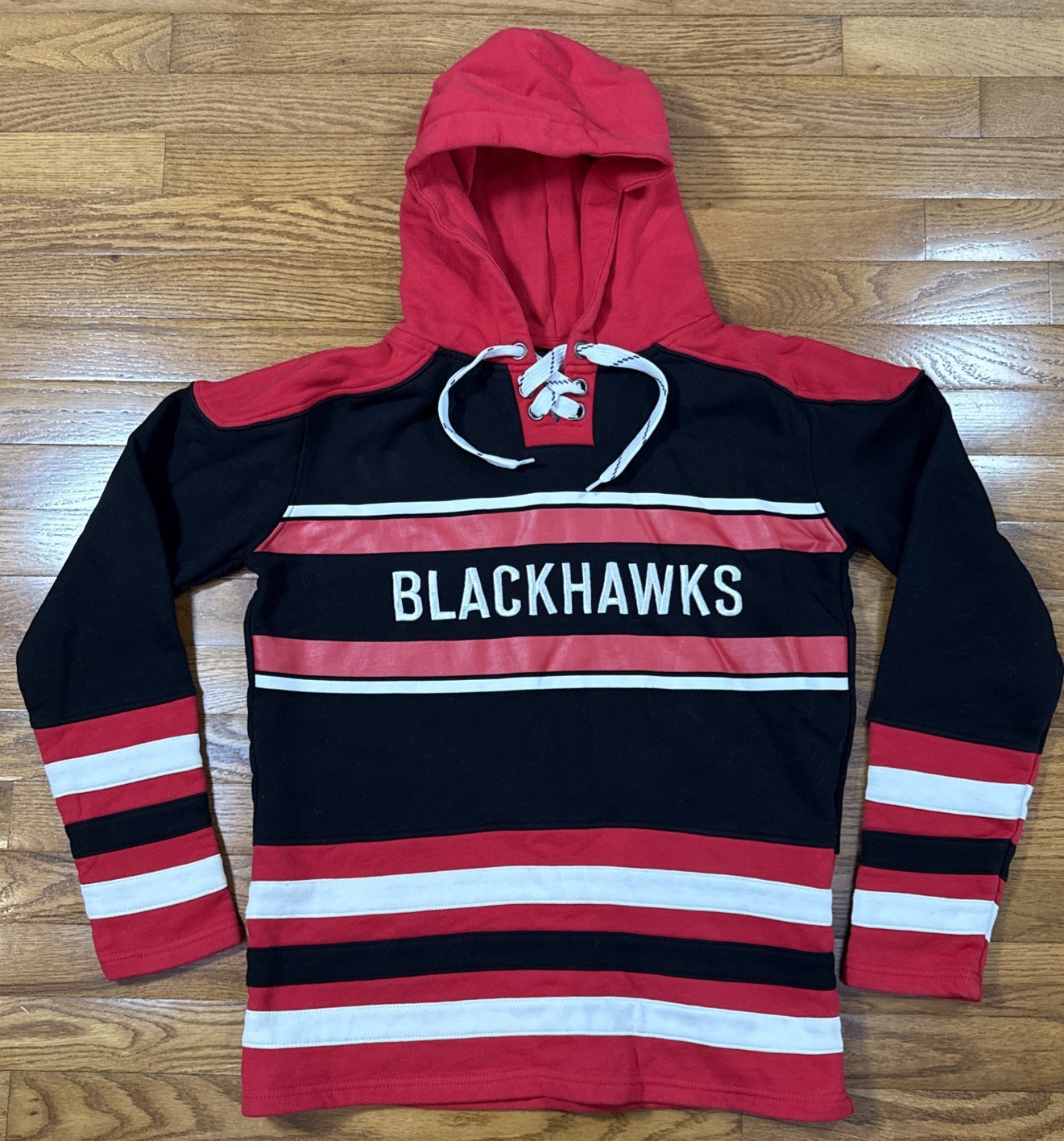 Chicago Blackhawks Hockey Heavy Striped Pullover Hoodie Sweatshirt Adult S