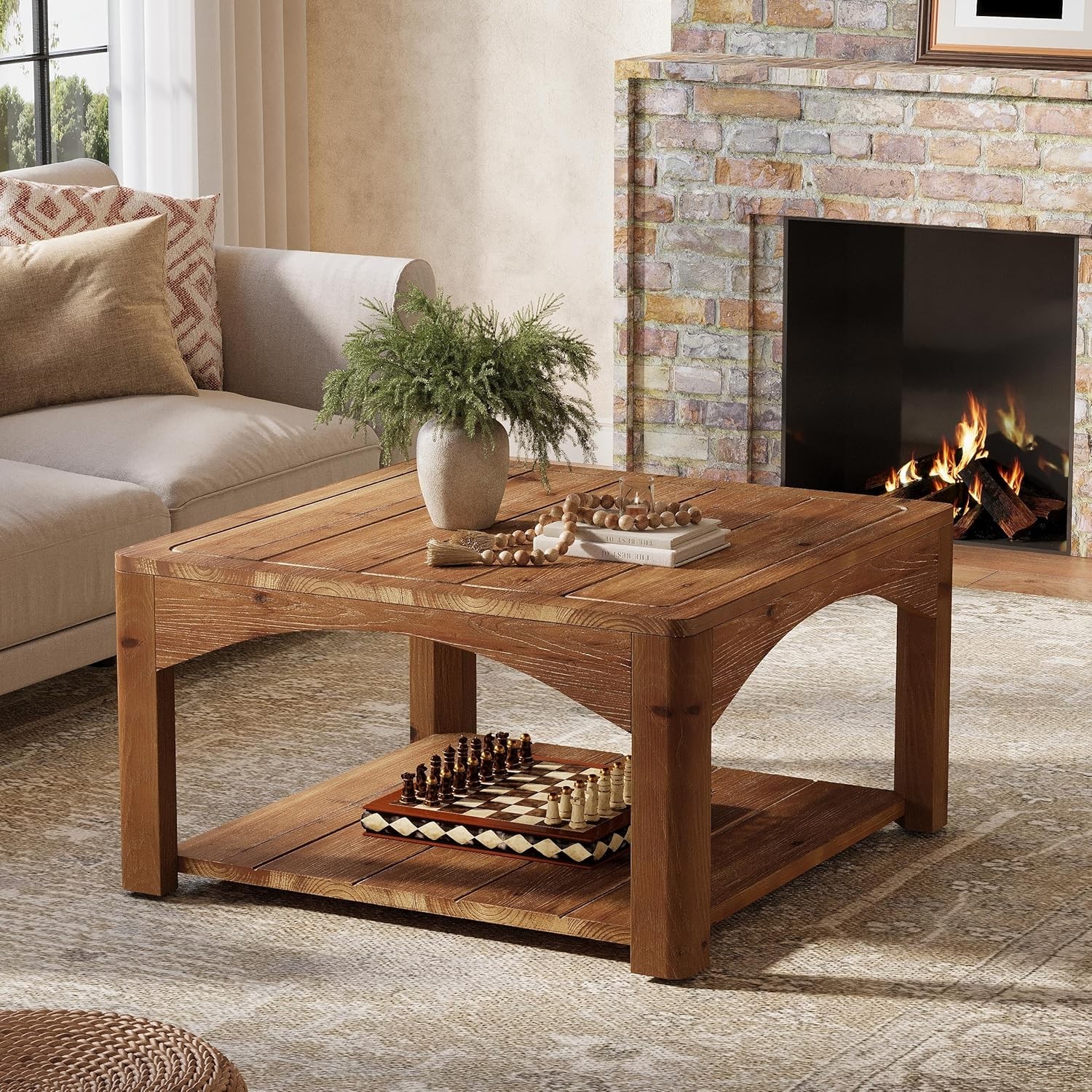 31.5-Inch Solid Wood Coffee Table 2 Tier Square Center Table for Living Room