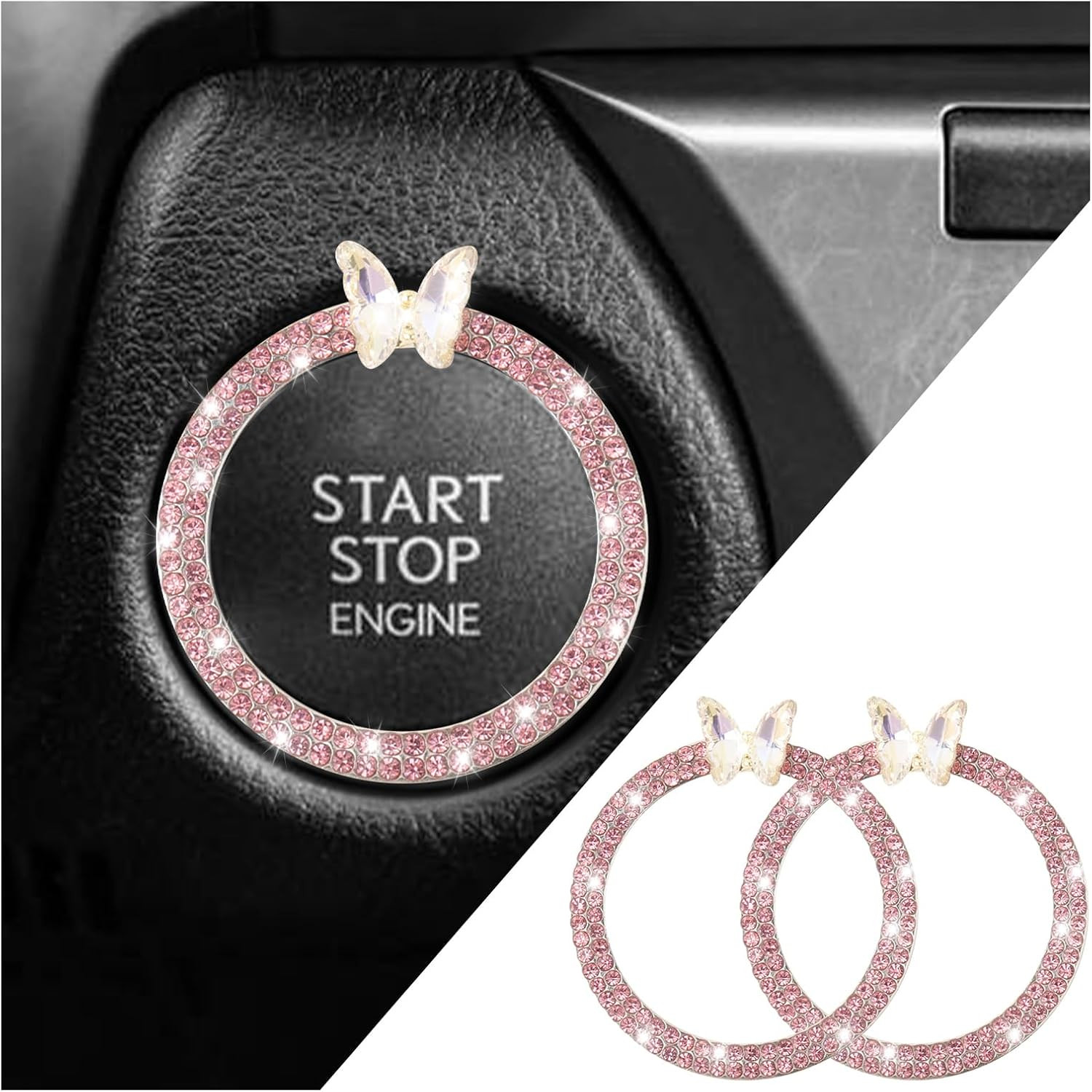 2PCS Car Engine Push Start Button Cover Decoration Ring,Bling Butterfly Push to