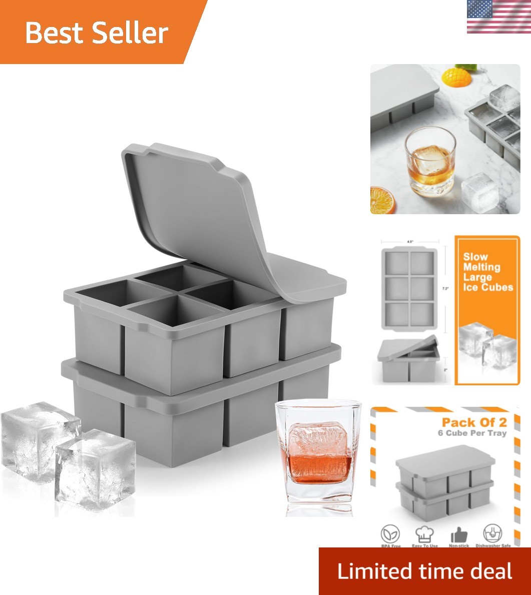 Large Ice Cube Tray with Lid Pack of 2, Stackable Big Silicone Square Ice Cub...