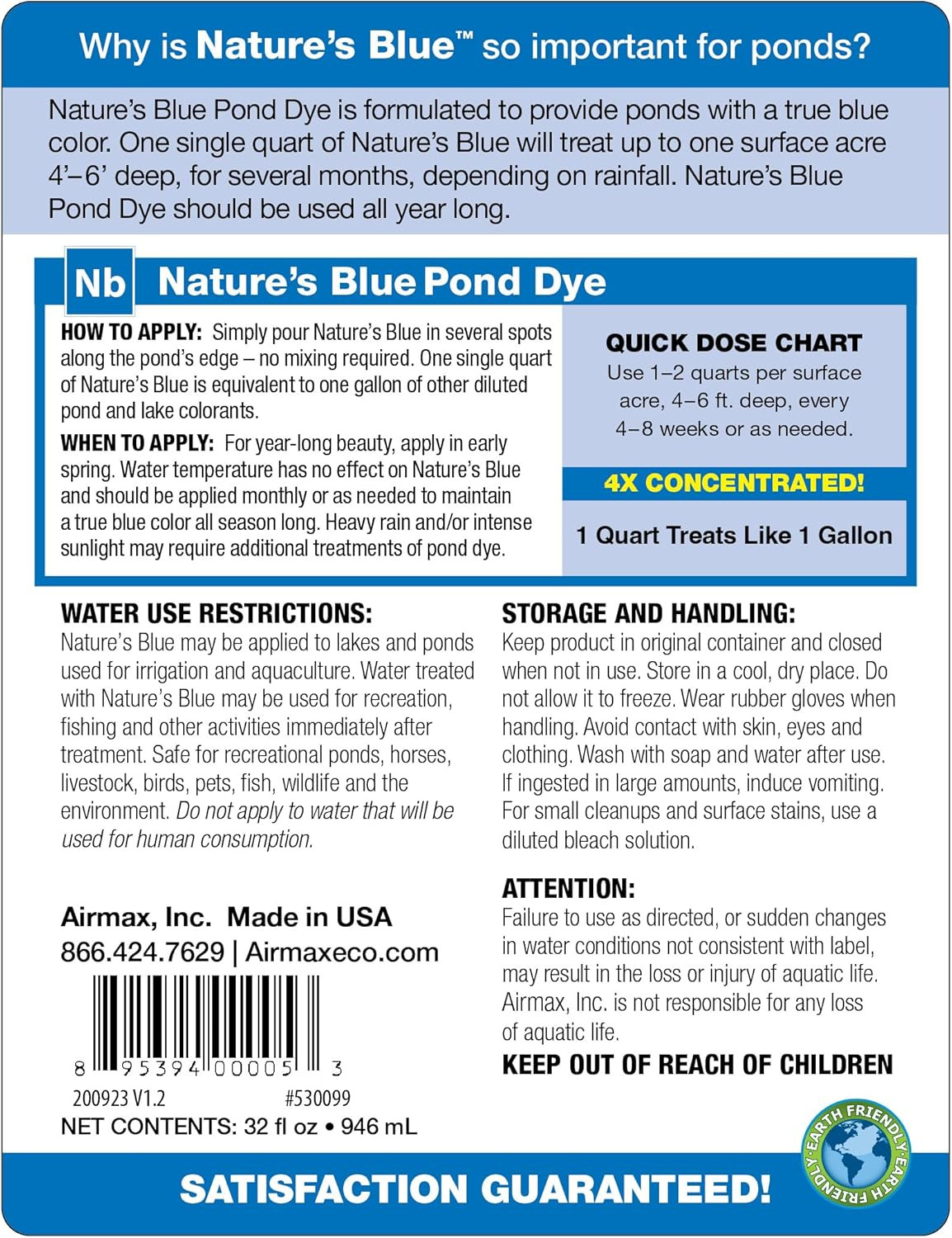 Airmax Nature'S Blue Pond Dye 4X Concentrate for Outdoor Ponds & Lakes, Natural
