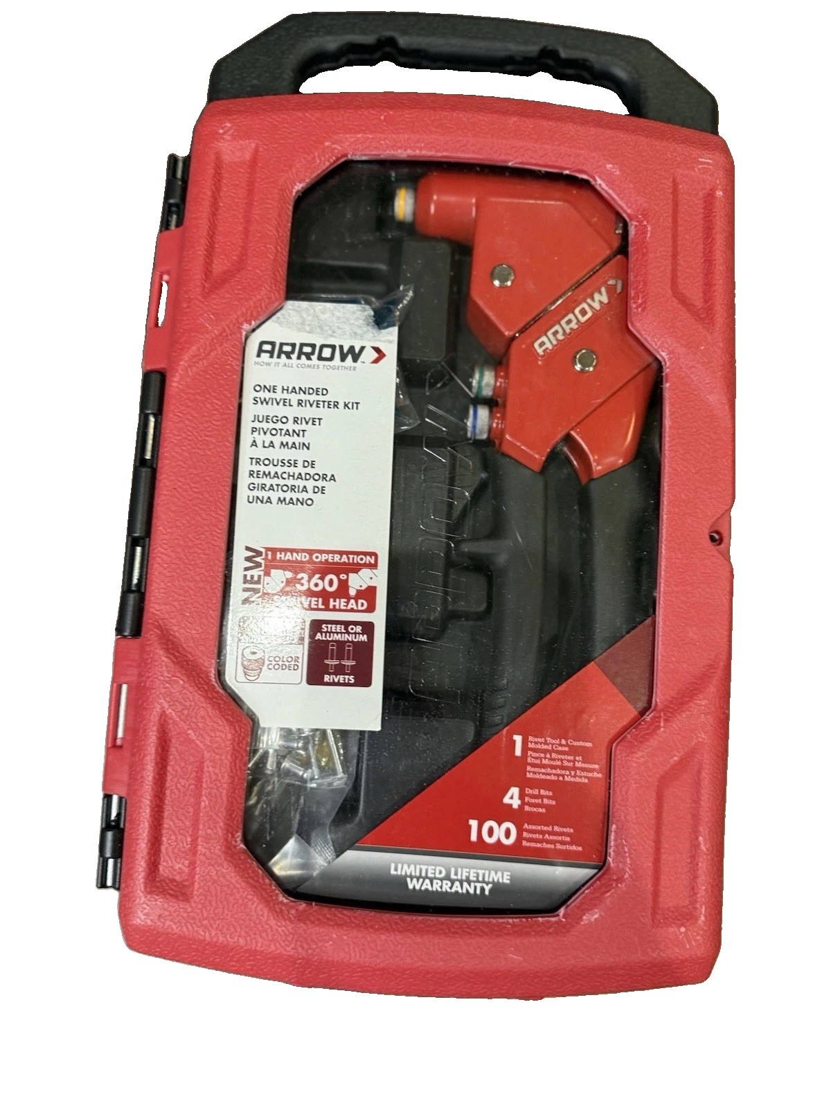 Arrow RT187SHK One-Handed Swivel Riveter Kit w/ Case, 100pc 3/32-3/16"