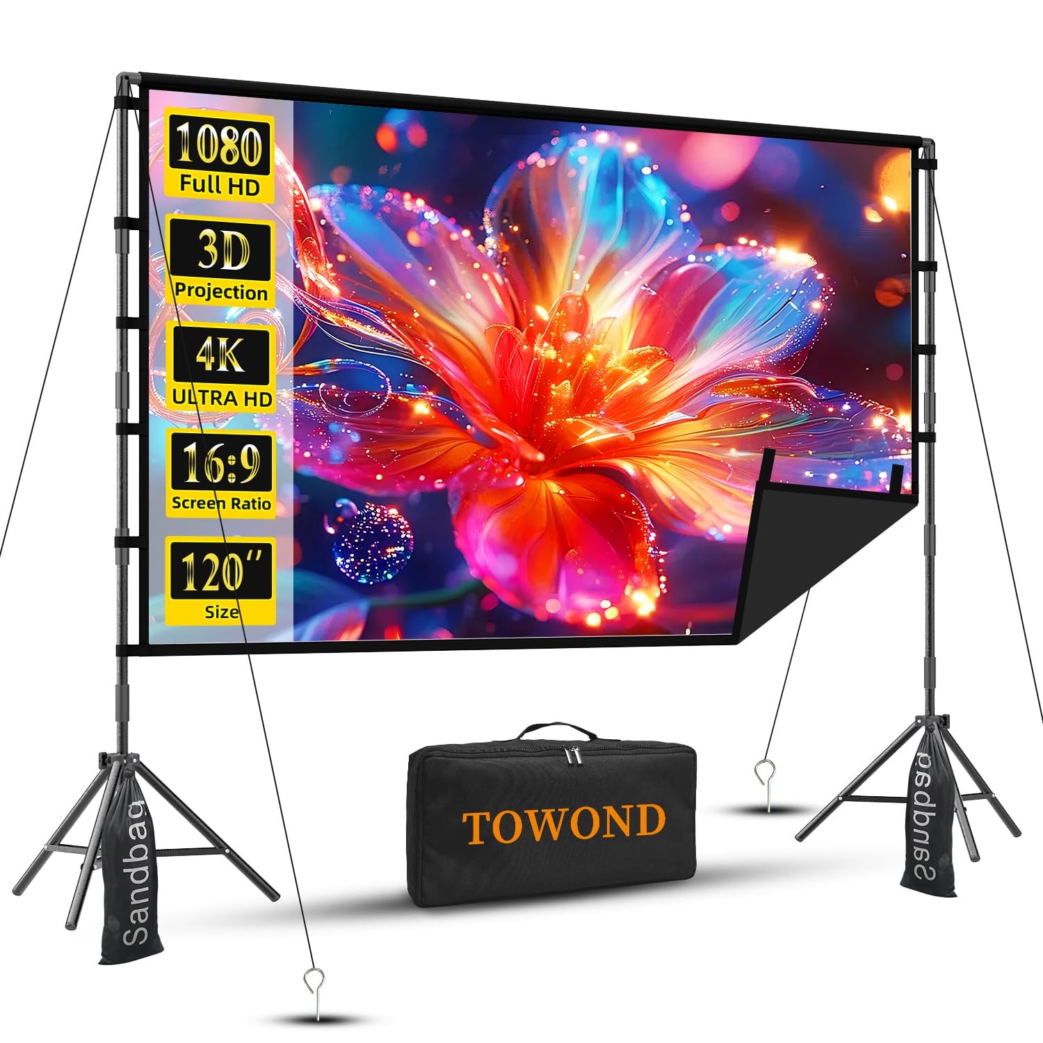120" Projector Screen with Tripod Stand, Black Backing, 16:9, 160° View