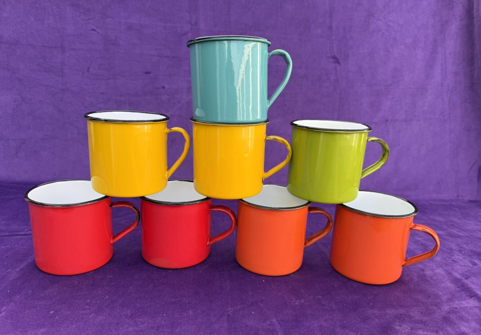 VTG Enamelware Coffee Cups SET OF 8 Camping Multicolour Metal Mug W/ Black Trims