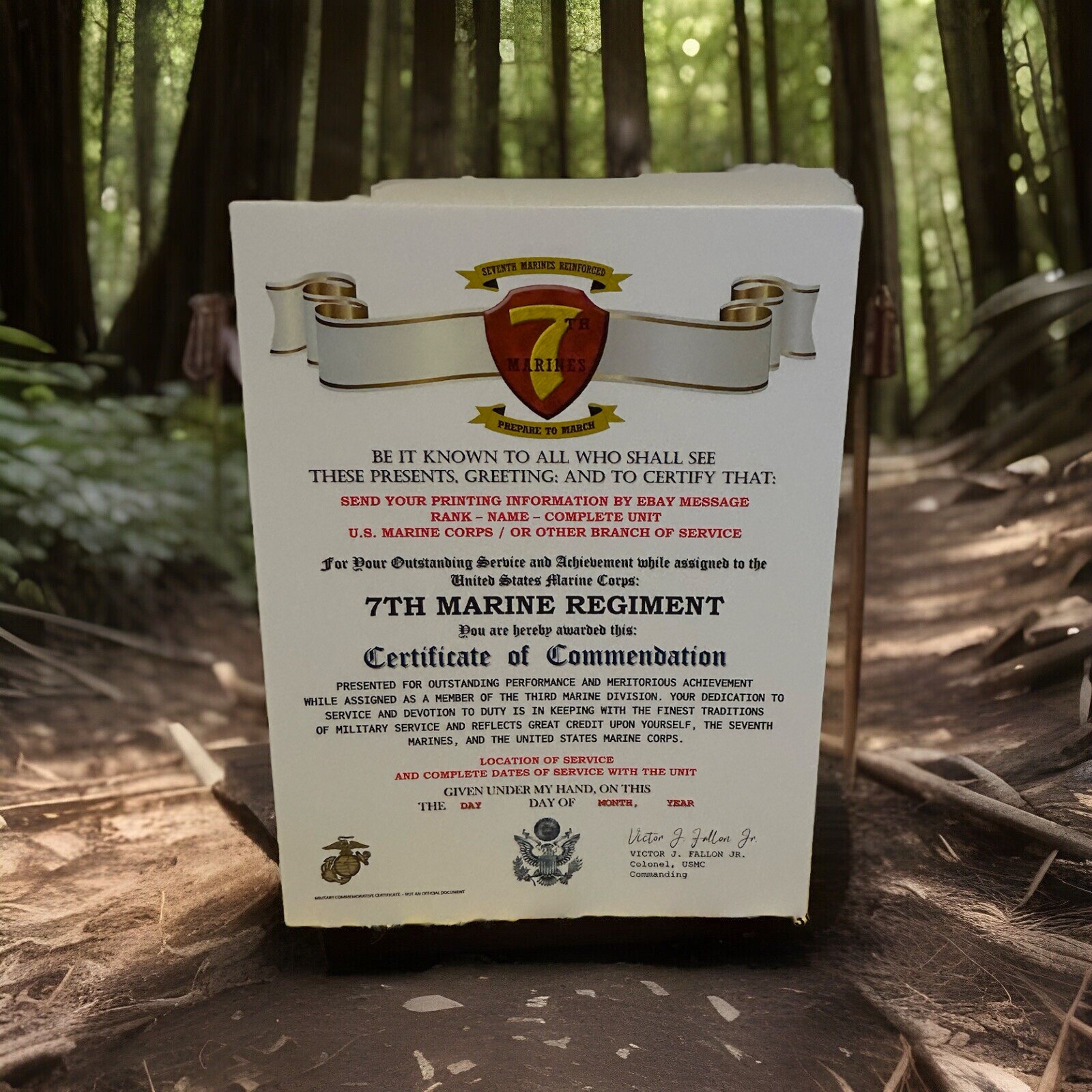 U.S. MARINE CORPS / 7TH MARINE REGIMENT (3 MARDIV) - CERTIFICATE OF COMMENDATION