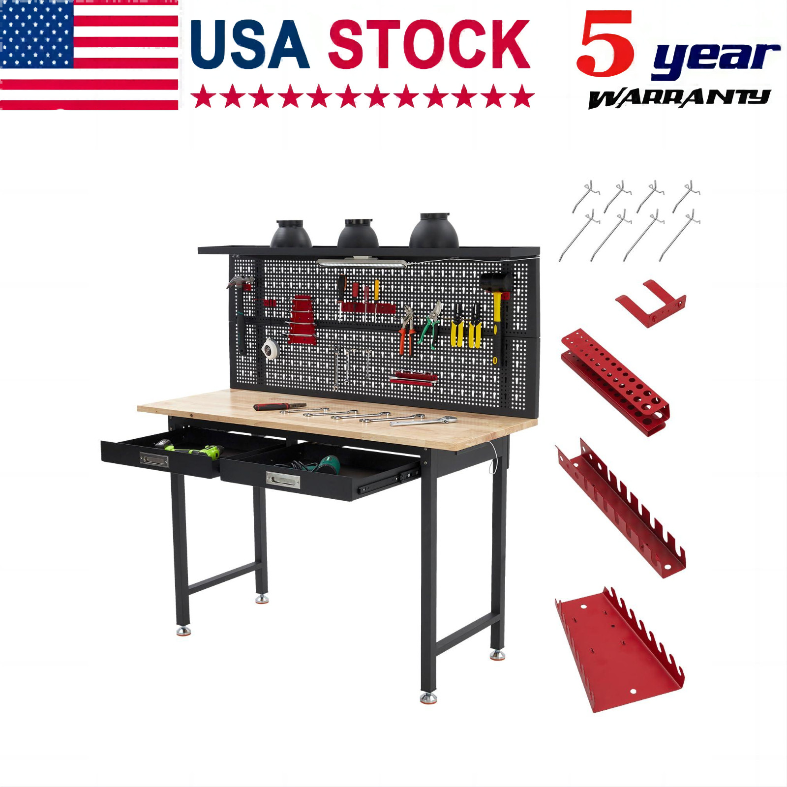 60" Adjustable Heavy Duty Workbench 2000 LBS Work Table with 2 Drawers LED Light