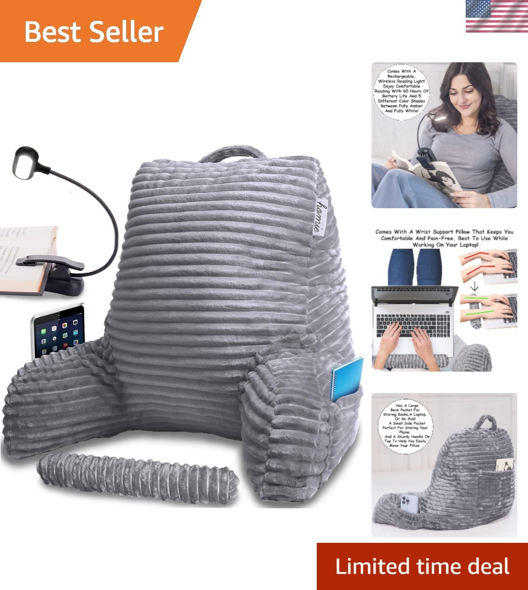 Reading Pillow with Reading Light and Wrist Support, Has Arm Rests, and Back ...