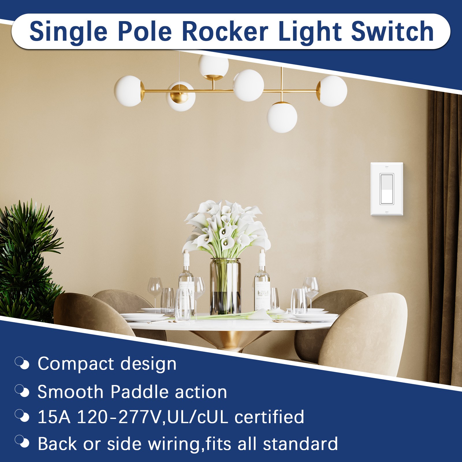 Single Pole Wall Light Switch 15A 120/277V On/Off Rocker Paddle Interrupter × 40