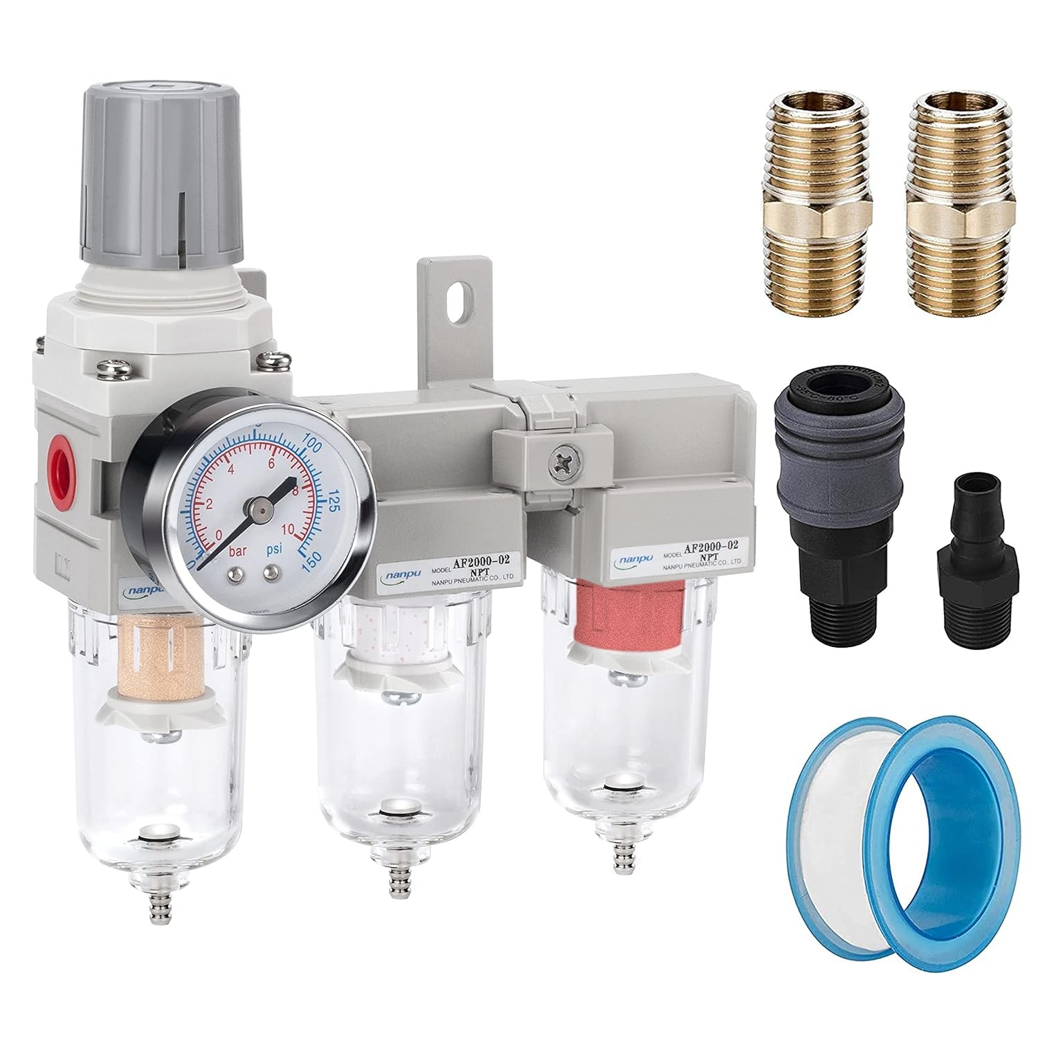 Sistema secado aire 3 etapas con filtros y regulador presión 0-150psi