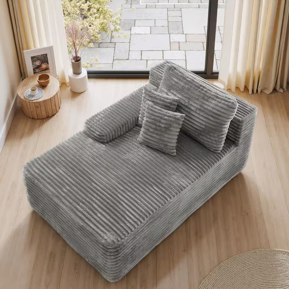 Light Gray Left Arm Facing Faux Rabbit Fur Polyester One Arm Sectional Chaise Lo
