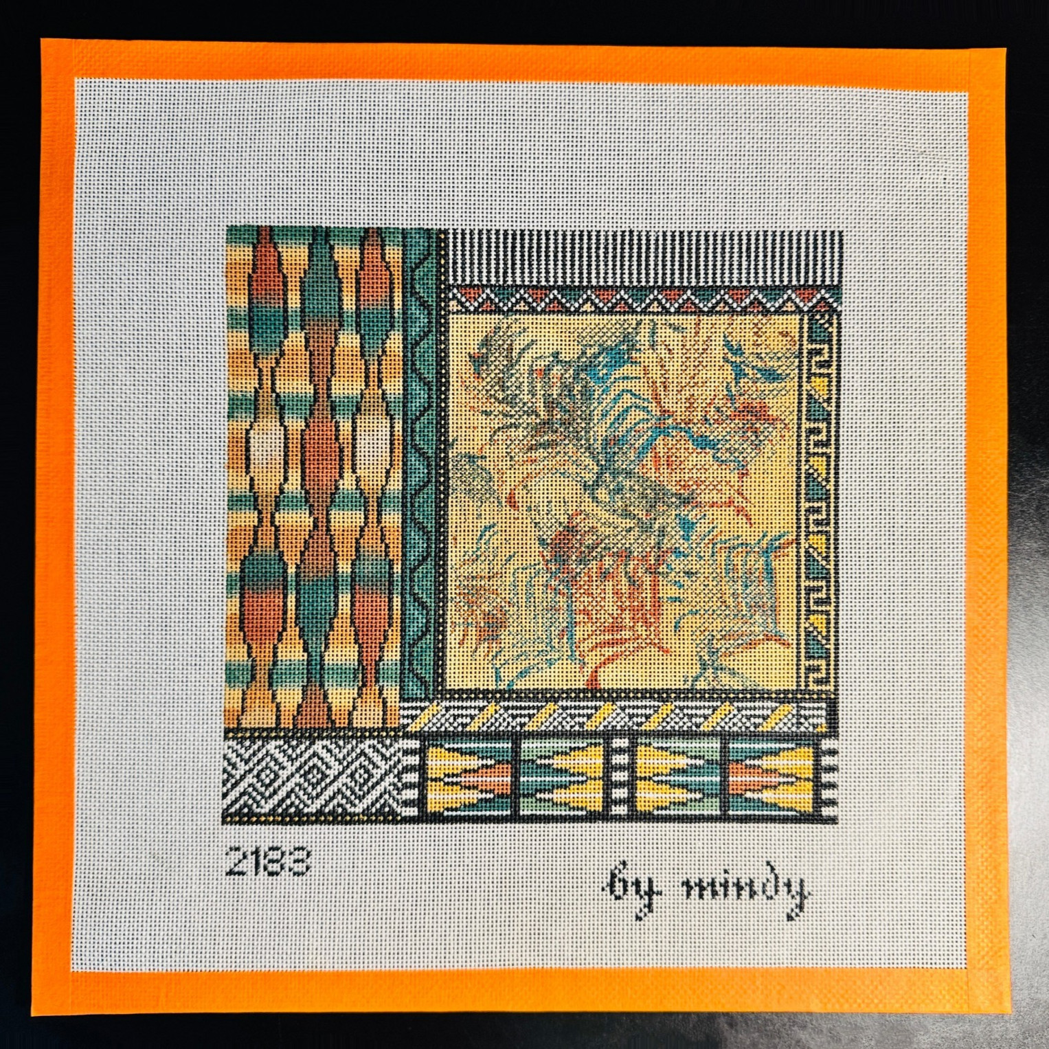 TRIBAL ABSTRACT - Vintage Handpainted Needlepoint Canvas By Mindy 12x13" - NOS