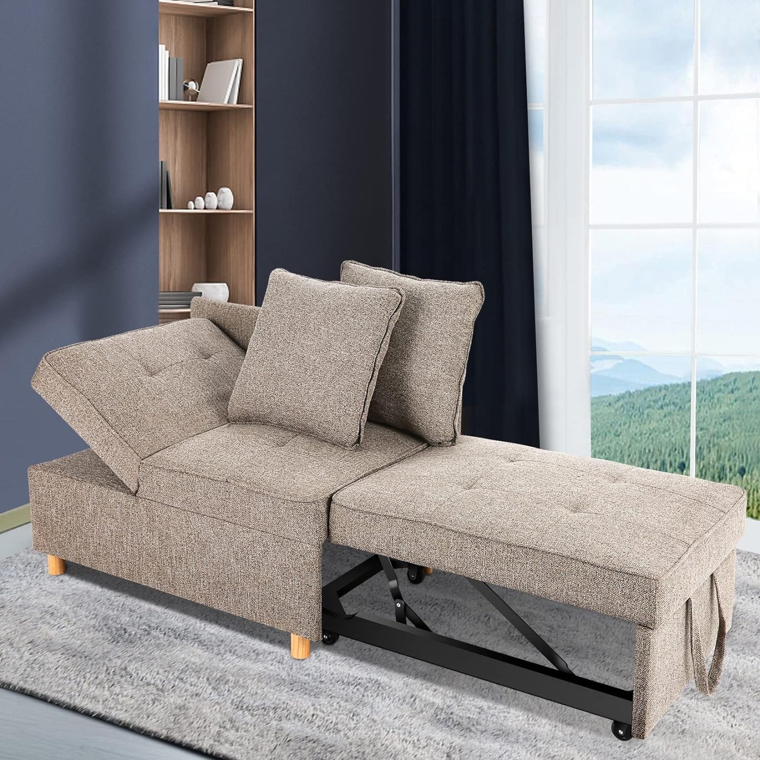 Breathable Linen Loveseat Sofa Bed Convertible Sleeper Sofa w/2 Throw Pillows⭐