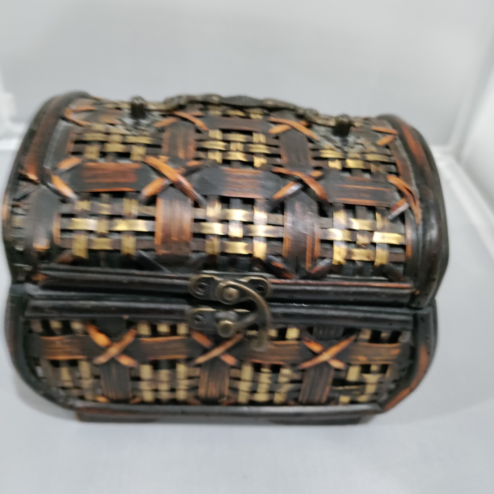 Vintage Hinged Basket Wood, Metal Chest Trinket Box Cane & Rattan Trunk