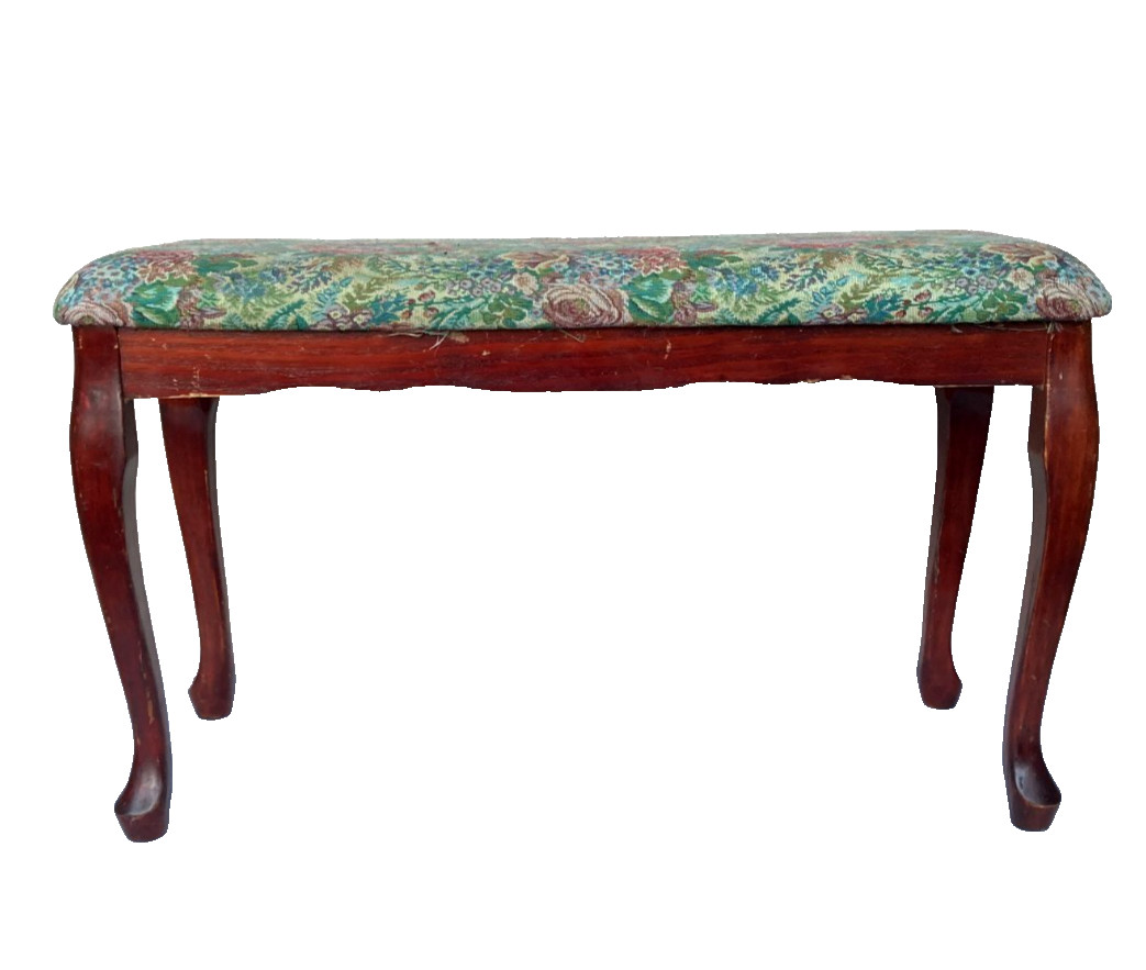 Vintage Wooden Queen Anne Legs Style 31.5" Long Bench with Floral Tapestry