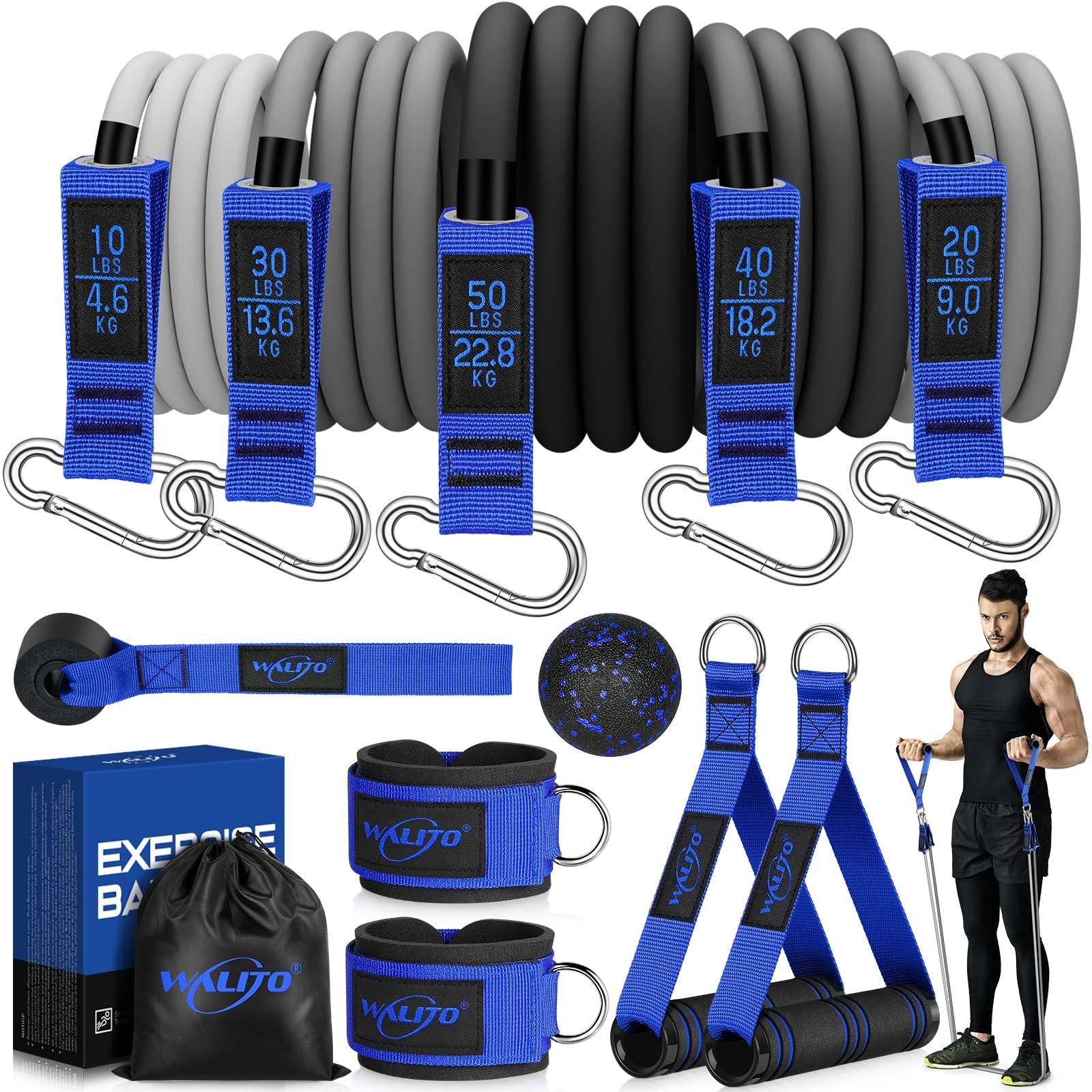 WALITO Resistance Bands Set - Exercise with Handles, Door 150LBS, Blue