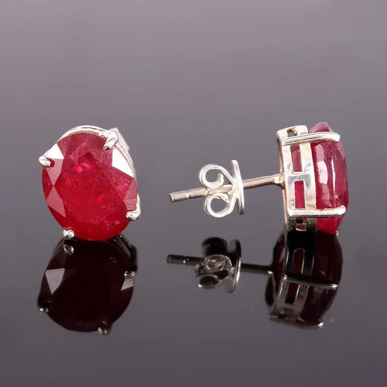 Natural Ruby 8x10mm Gemstone 925 Sterling Silver Handmade Stud For Gift Her
