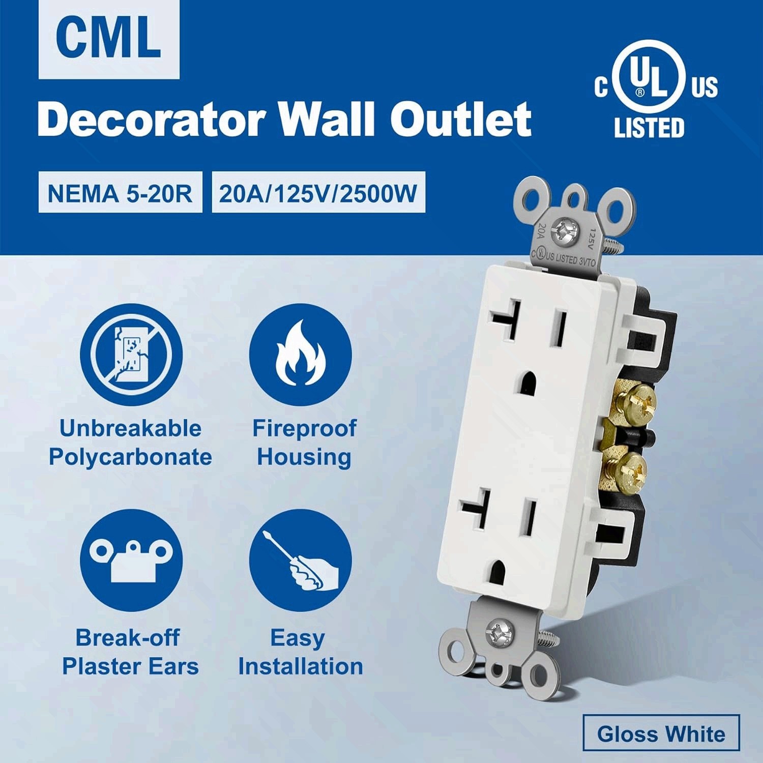 20 Amp Decorator Wall Receptacle, Decor Electrical Outlets, 20A/125V