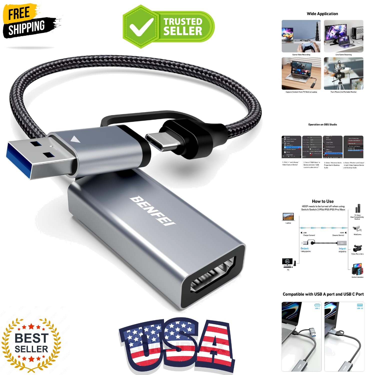 Video/Audio Capture Card Supporting Full HD 1080P 60FPS for Streaming, Record...