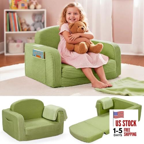 2 in 1 Convertible Kids Couch - Corduroy Fold Out Kids Sofa Chair Medium Green