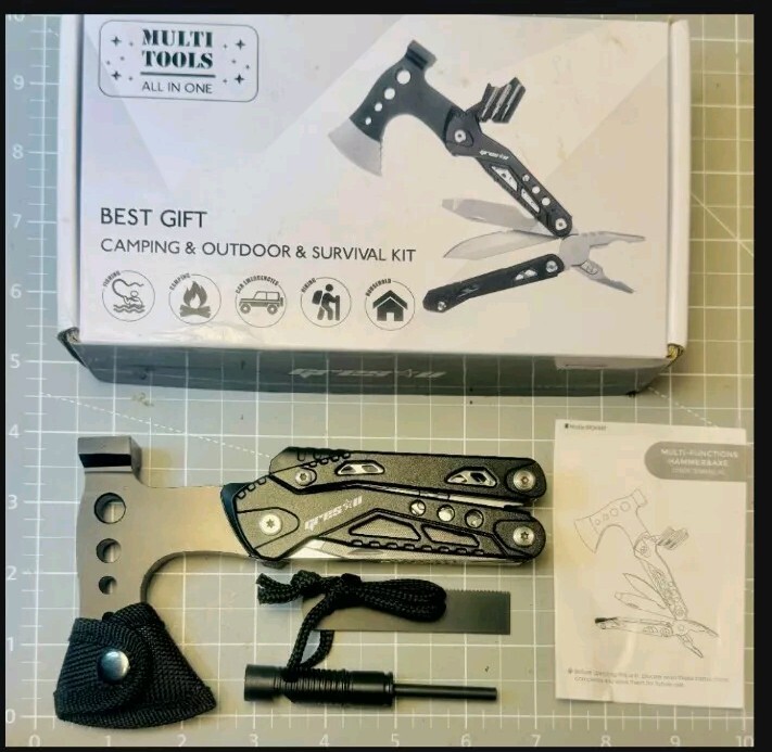 Survival Multi Tool Axe Hammer Pliers Camping Emergency Kit Sheath Fire Starter
