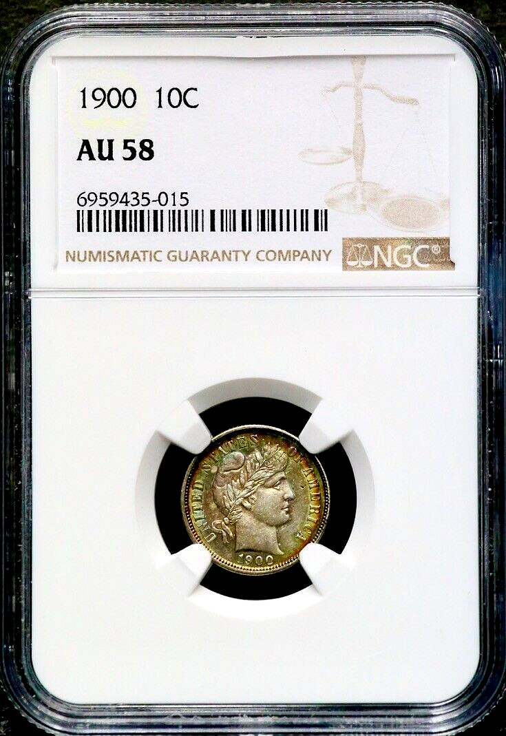 1900 10C Barber Dime - NGC AU 58 - Iridescent Rainbow Toning OBV/REV  CC535