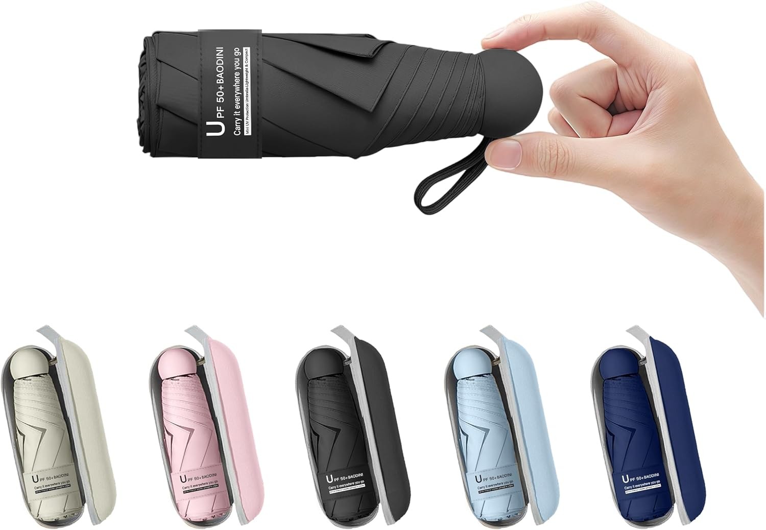 BAODINI Travel Mini Umbrella for Purse With Case Small Compact UV Sun 1-Black