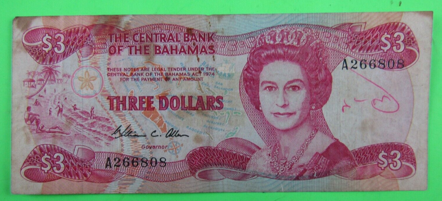 BAHAMAS, 3 DOLLARS, QEII, P#44a, L.1974 (1984)
