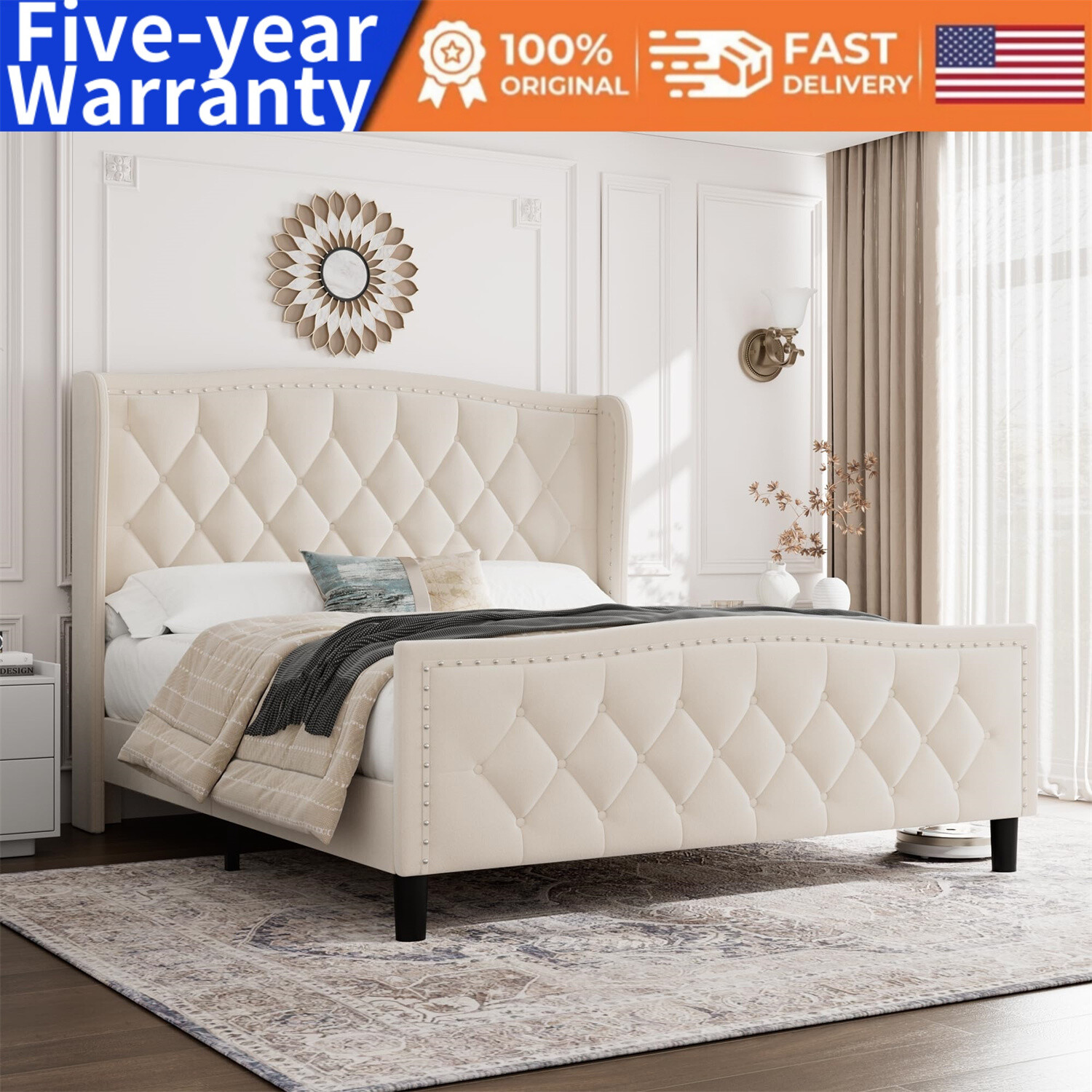 🆕Full Bed Frame Velvet Upholstered Platform Bed with Wing Side Headboard Sturdy
