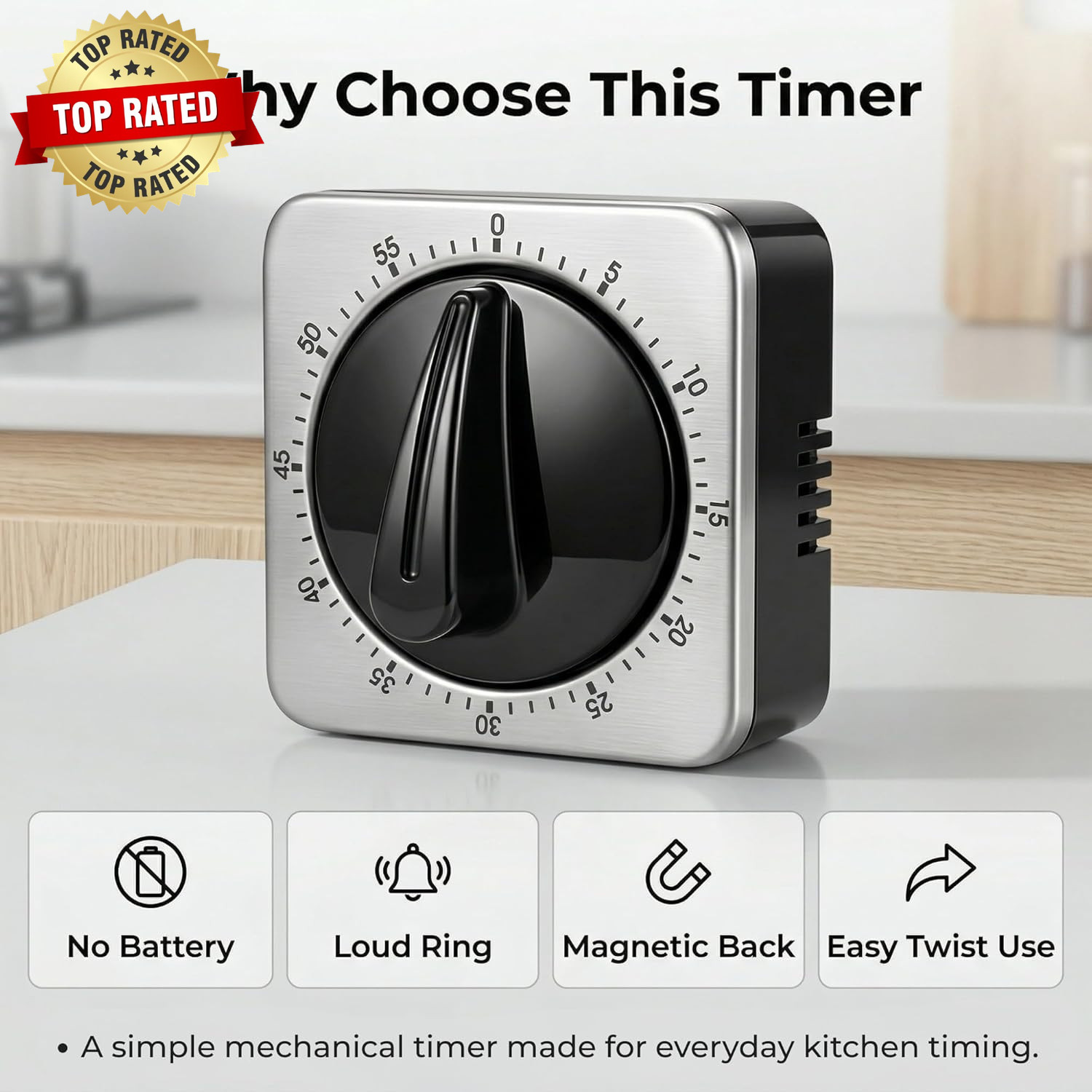 Kitchen Timers for Cooking, Mechanical Wind up Timer with Loud Ring, Magnetic Ba