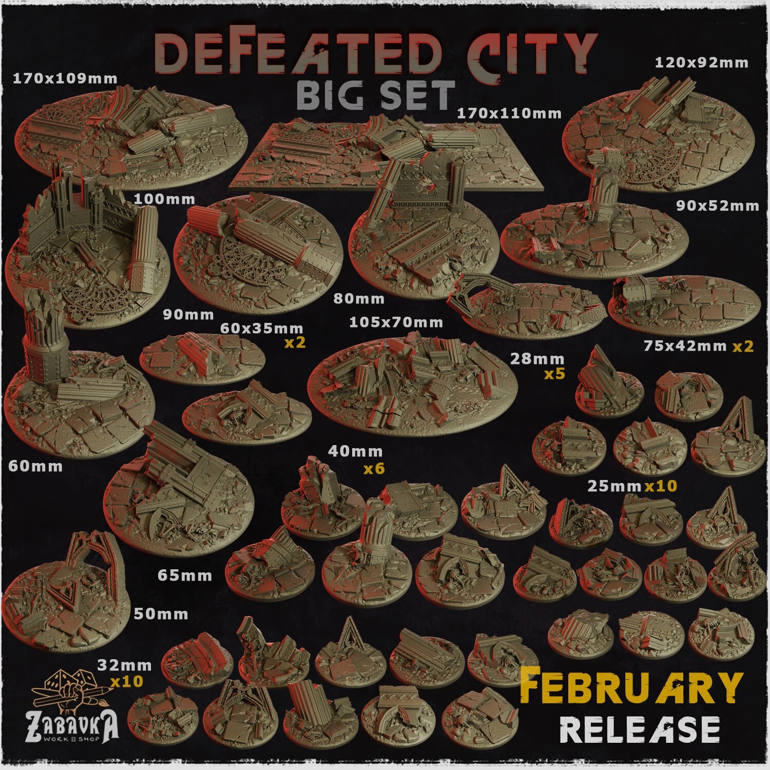 Defeated City miniature bases or toppers- gothic ruined city for wargaming