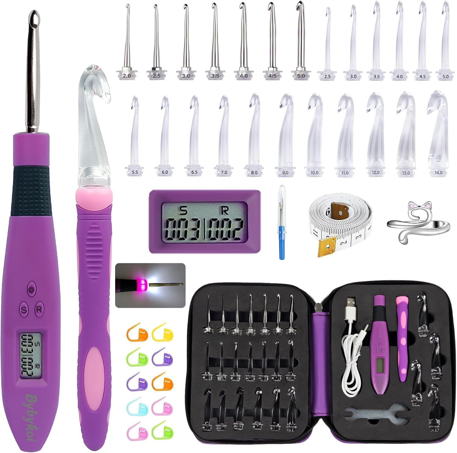 Light Up Crochet Hooks Set with Digital Counter – 18 Sizes from 2.0mm to 14.0mm