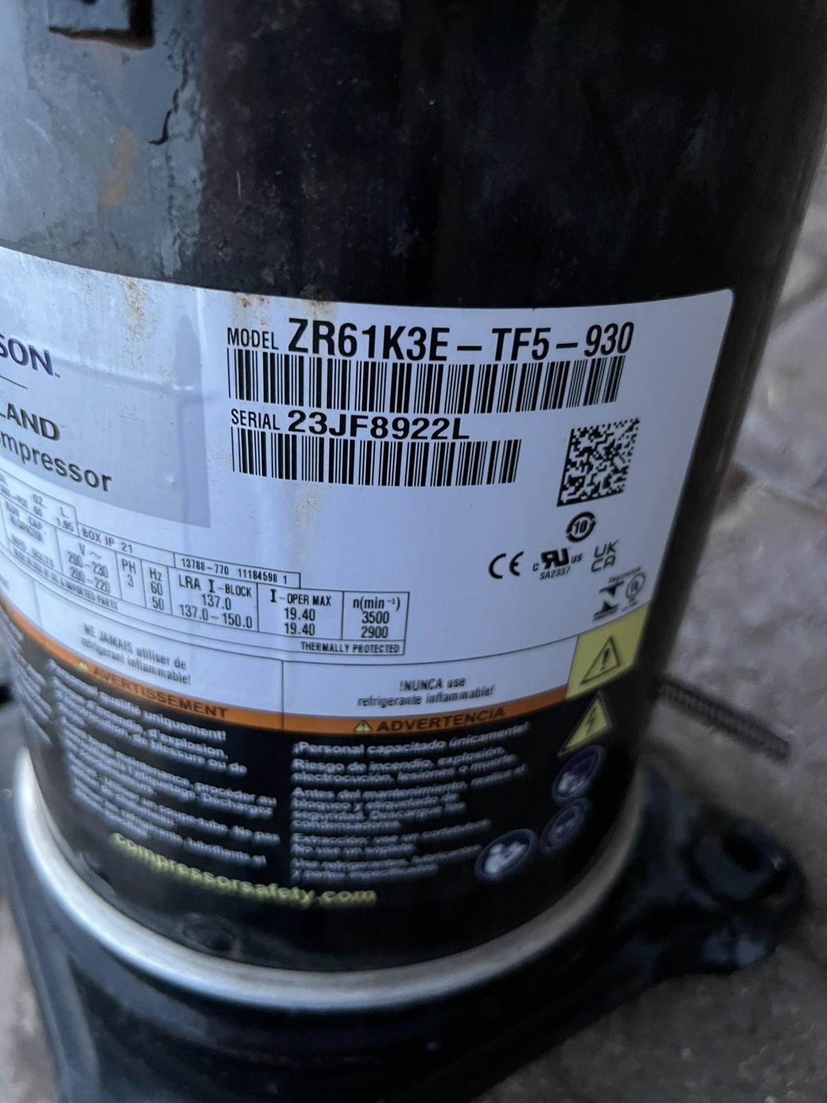 COPELAND SCROLL COMPRESSOR model  ZR61K3E- TF5 -930 Year 2023  230v  3 phase