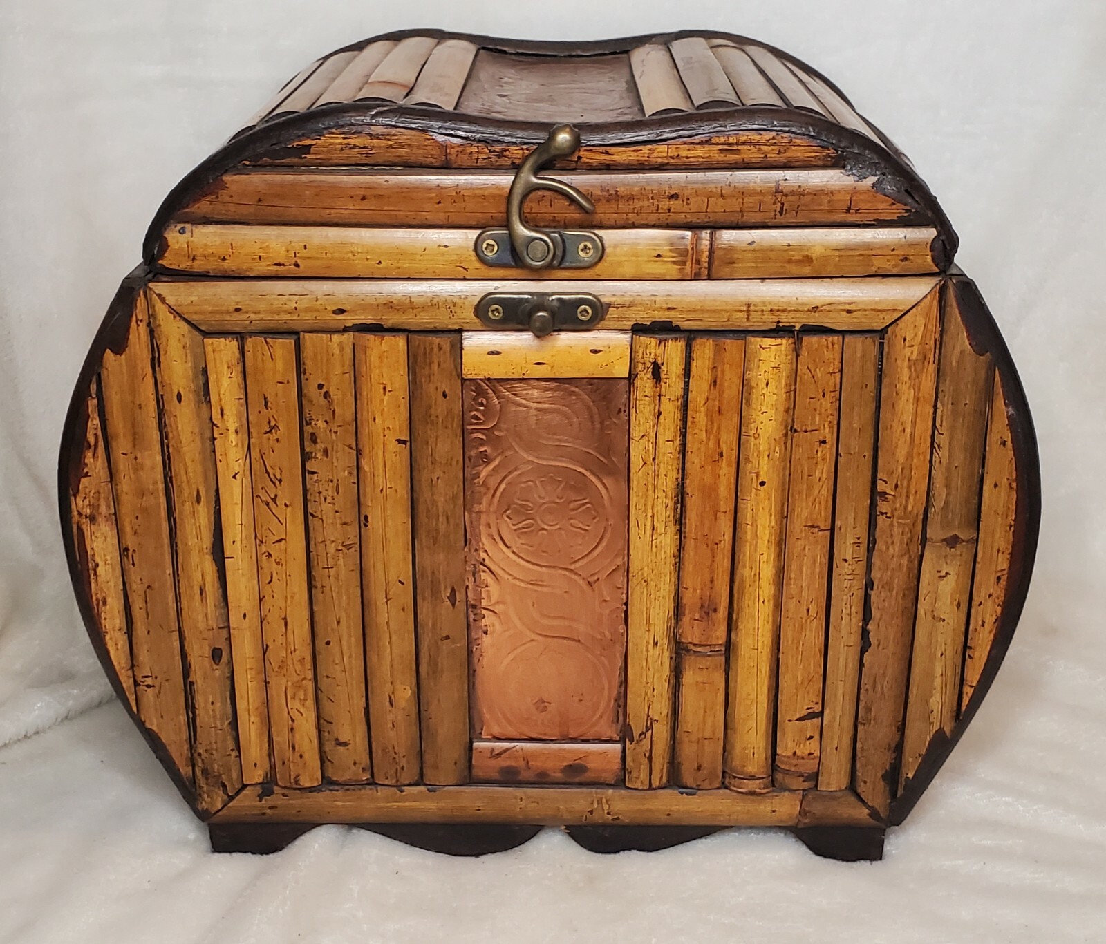 Vintage Wood split bamboo storage trunk chest with stamped copper accent boho