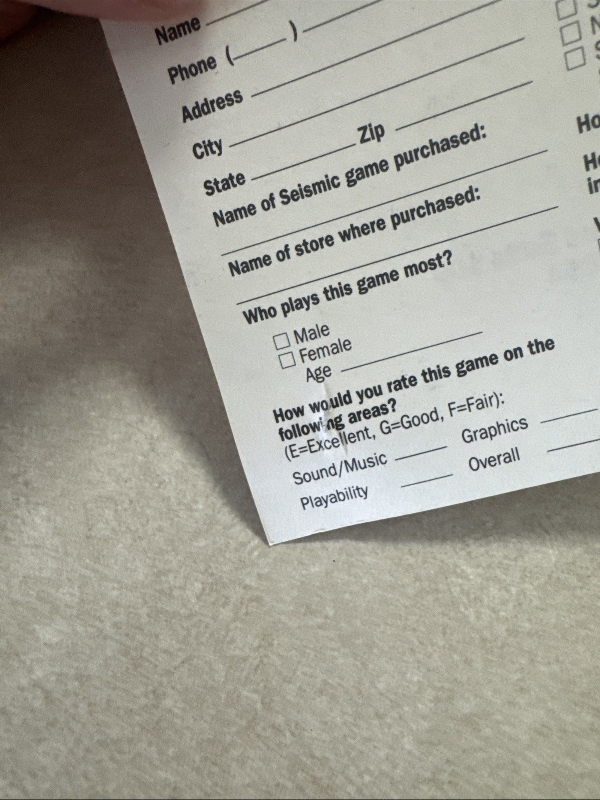 MUSHA Registration Card Only Sega Genesis