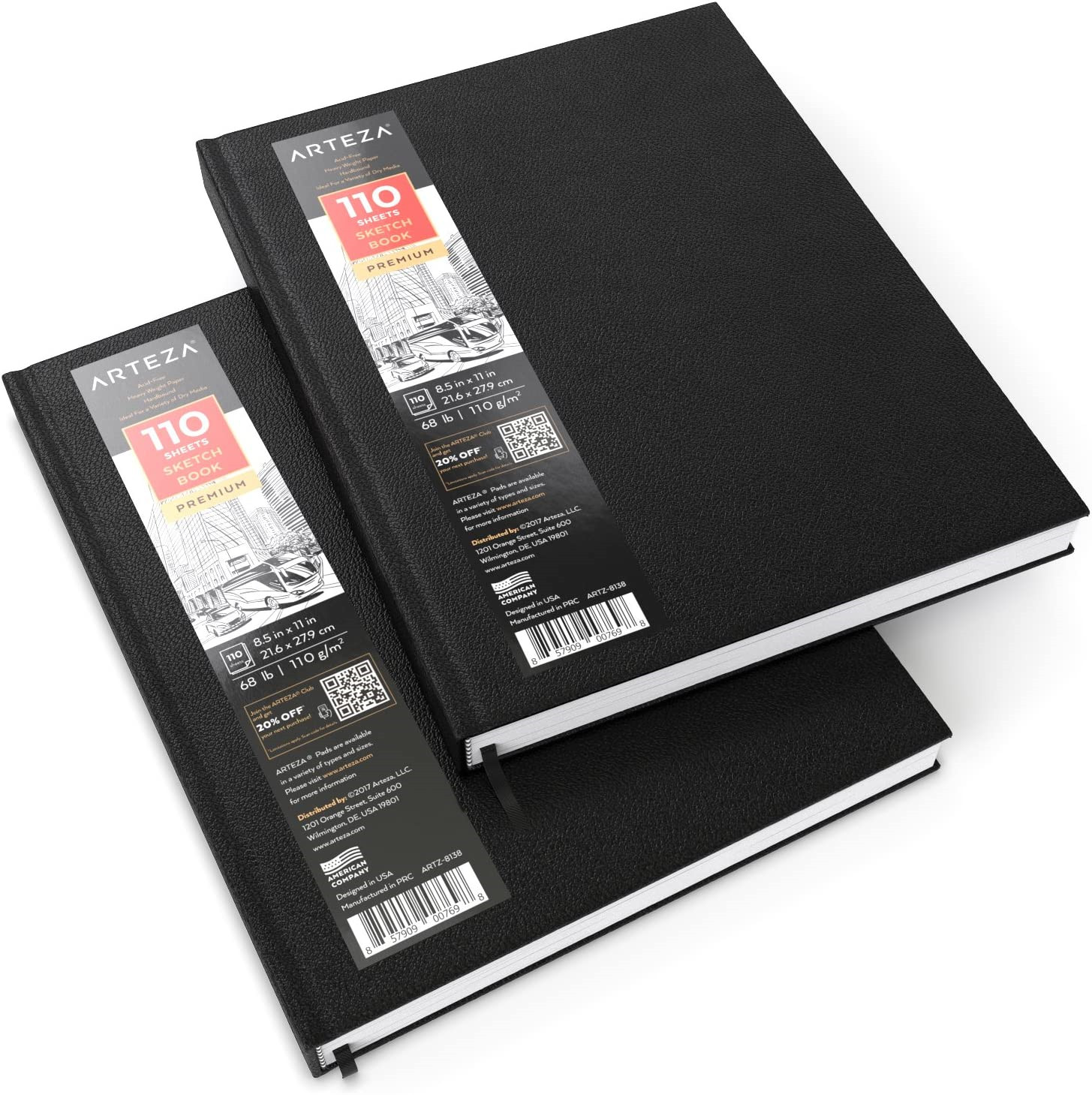 Arteza 8.5x11" Hardbound Sketchbook, Set of 2 Heavyweight Hard Cover Sketch 110
