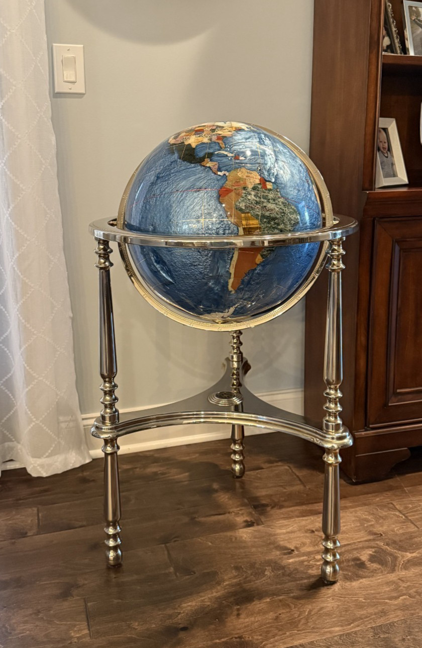 38" Tall Gemstone Globe with 17" Lapis Ocean on Polished Brass 3-leg Stand