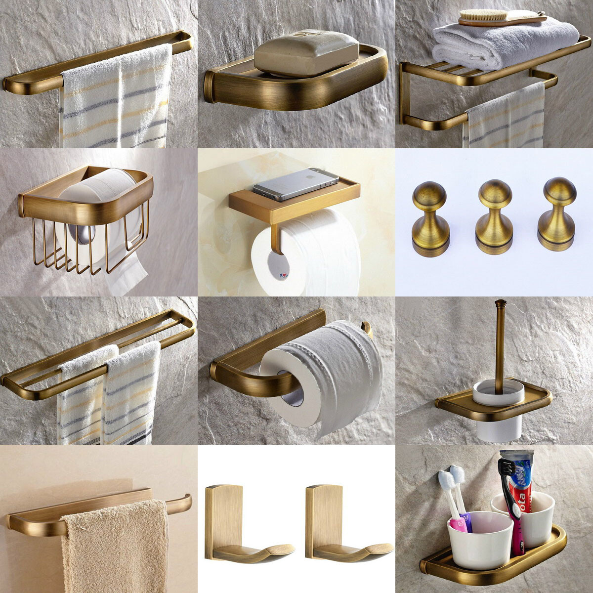 Antique Brass Square Bathroom Accessories Set Bath Hardware Towel Bar fset018