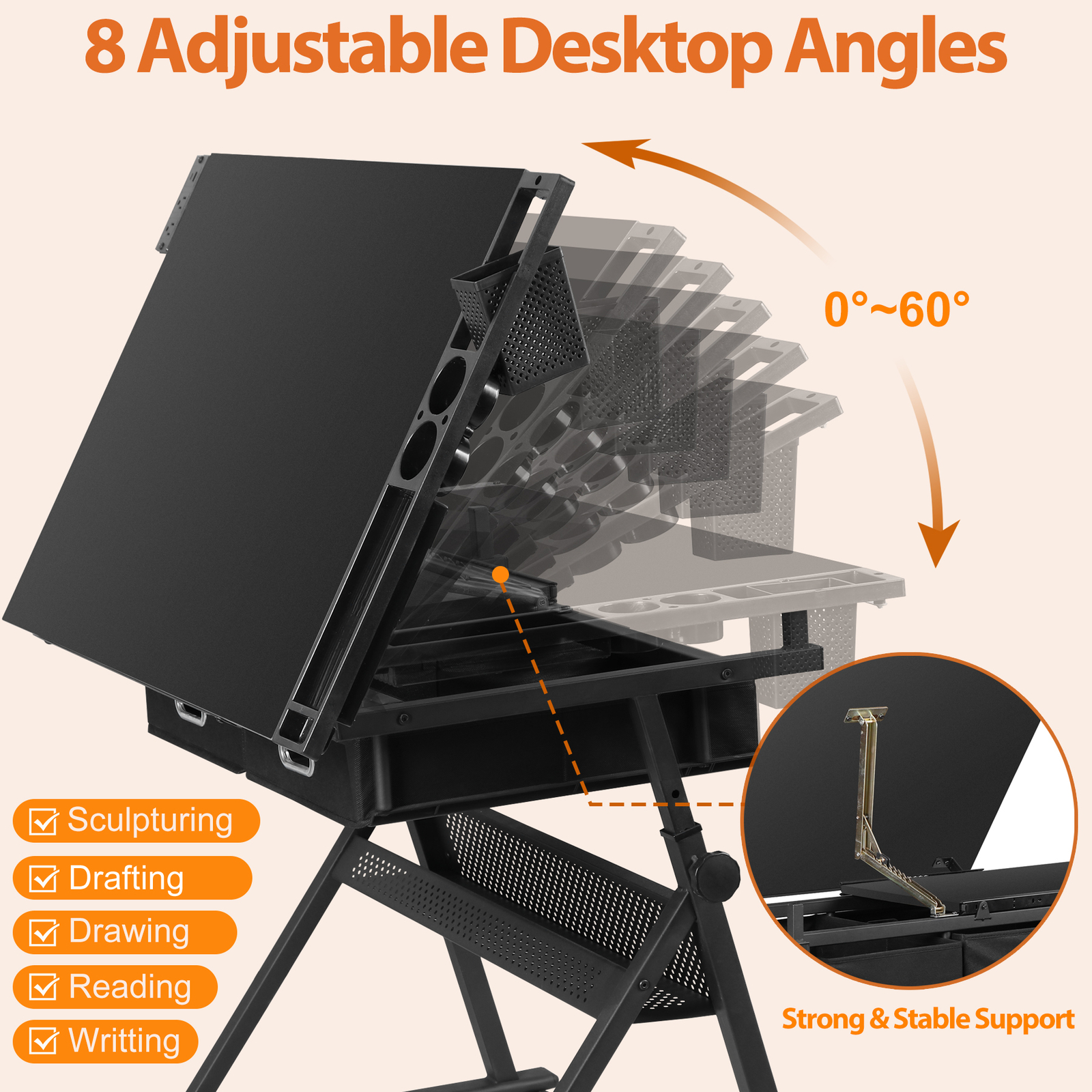 Adjustable Drafting Drawing Table Tabletop Tiltable w/ Stool & Outlet Black