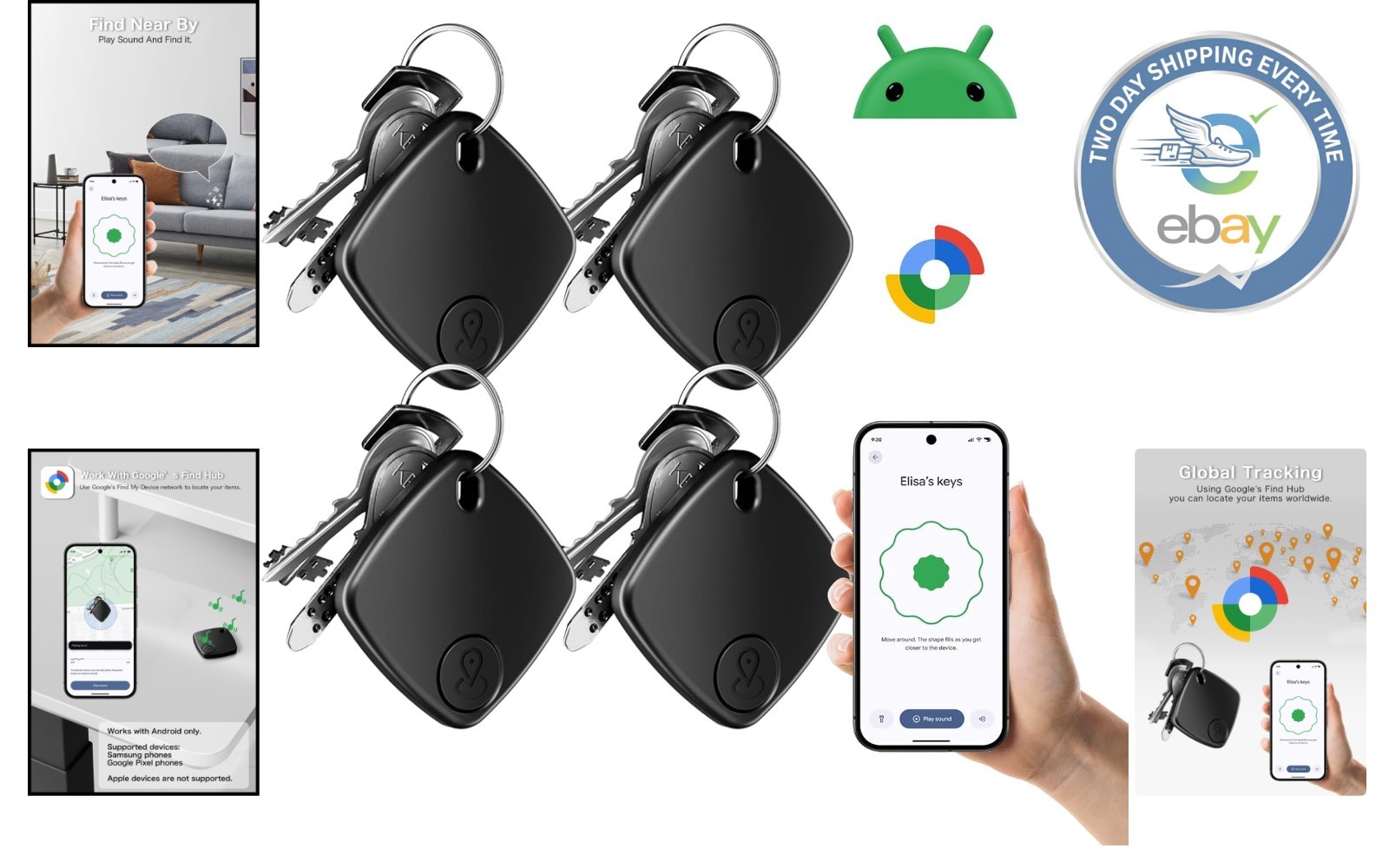 Smart Tracker Tags for Android Phones - 4 Pack with Real-Time Location Updates