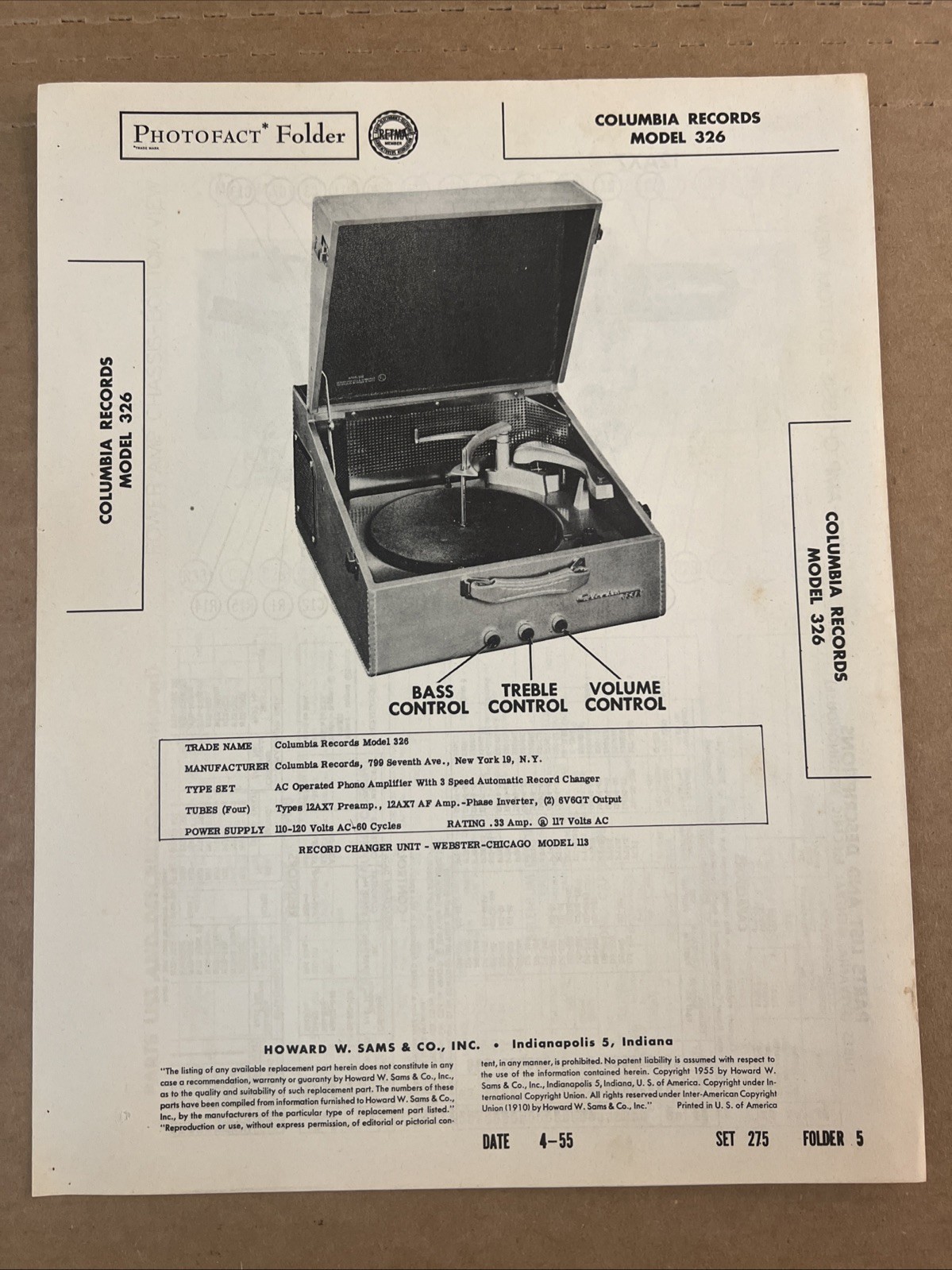 Vintage Sams Photofact Schematic 4-1955 COLUMBIA RECORDS MODEL 326