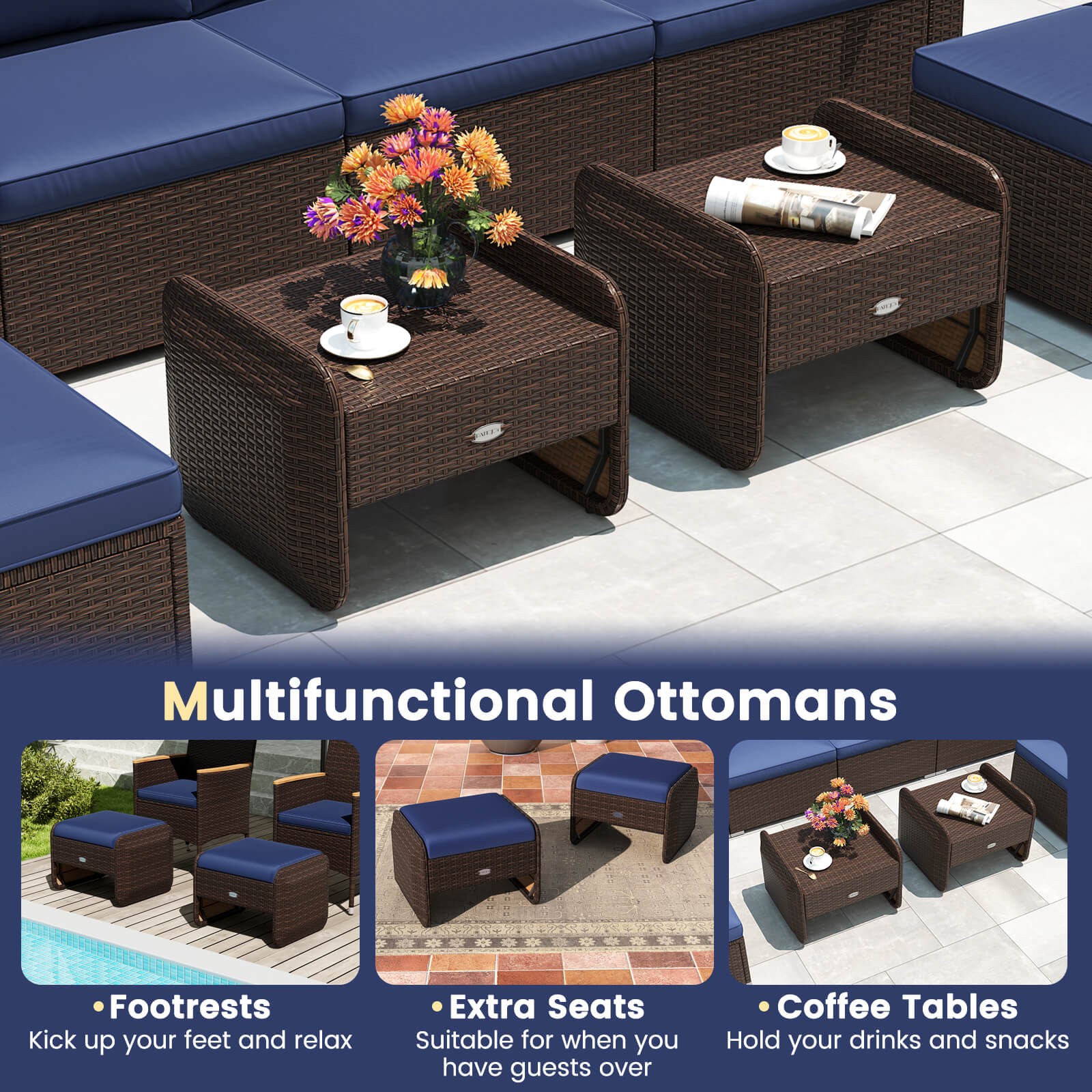 2 Pieces Outdoor Patio PE Wicker Ottomans with Removable Cushions Footstools