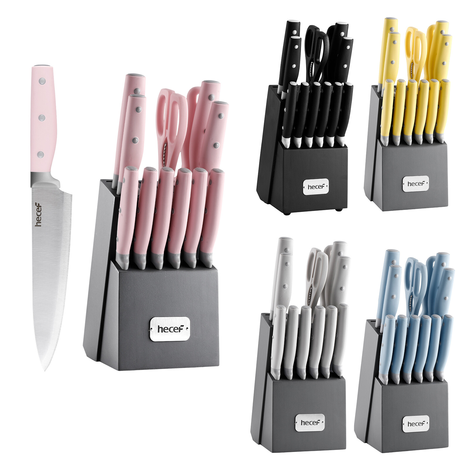 Hecef® 14 Pcs Knife Set with Wooden Block Sharp Blades Chef Santoku Steak Knives