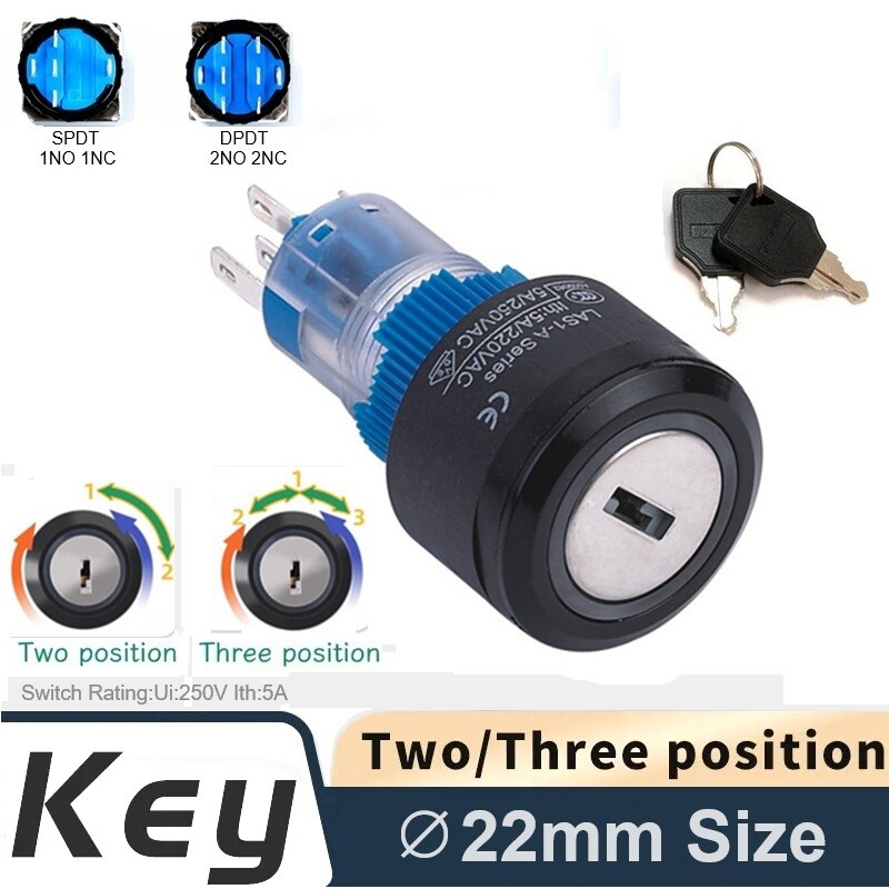 22mm SPDT/DPDT 5A 250V 2/3 Position Black Round LED Plastic Selector Key Switch