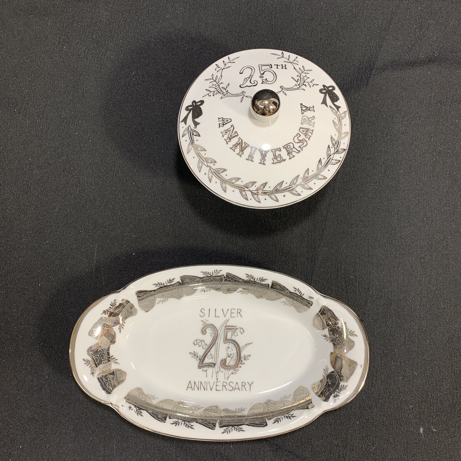 Lefton China 25th Anniversary Candy Dish w/ Lid & Norcrest Oval Snack Dish Tray