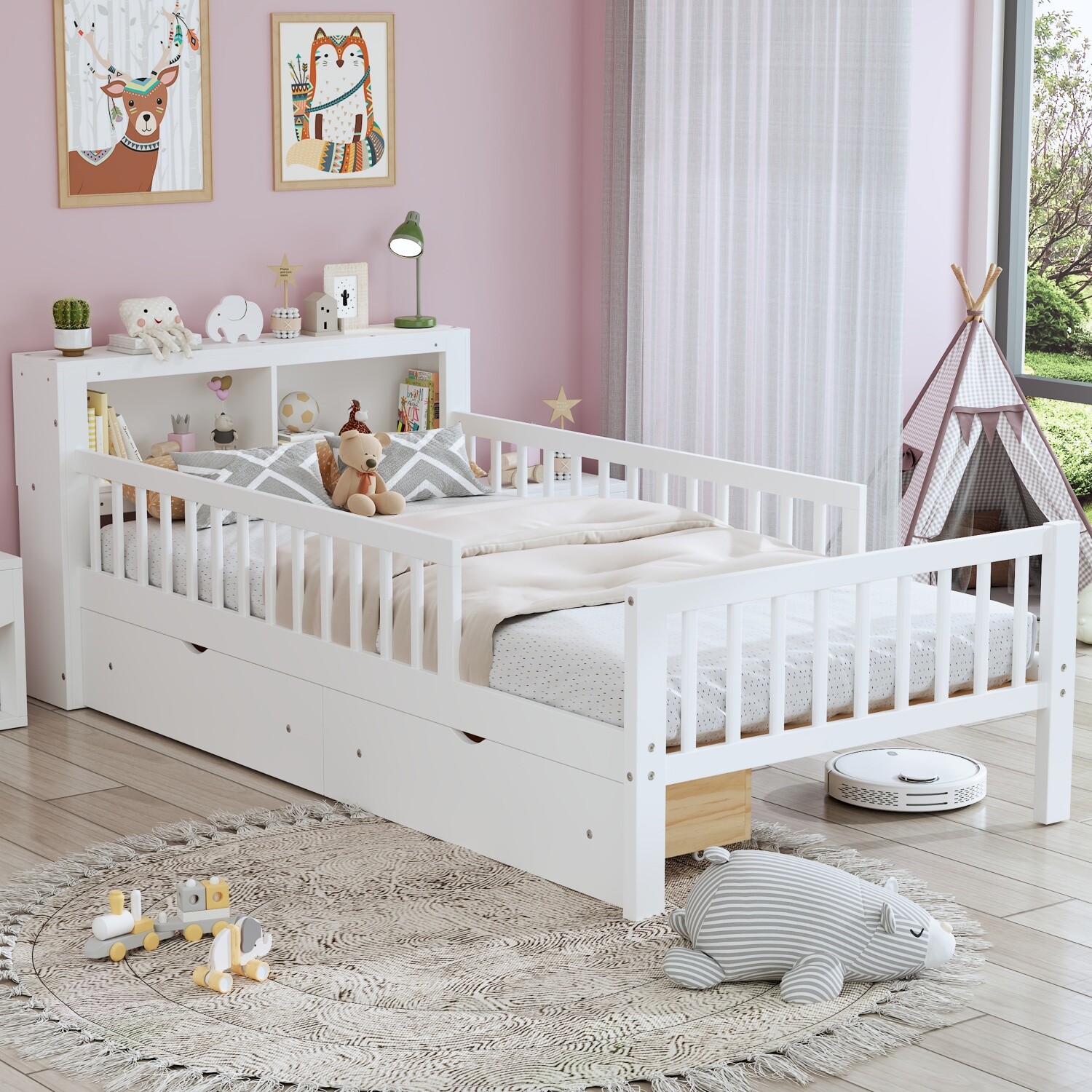 Twin Size Bed Frame Wood Platform Bed Frame with 2 Drawers & Storage Headboard