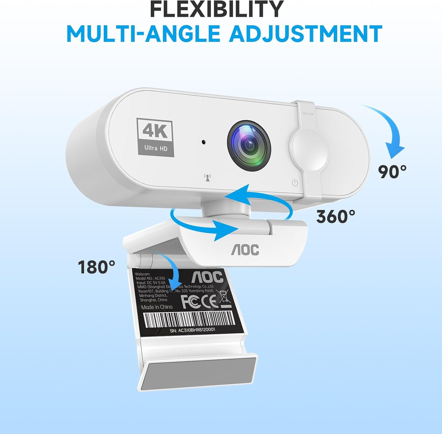 White 4K Webcam for PC with Microphone, Computer Camera with Noise